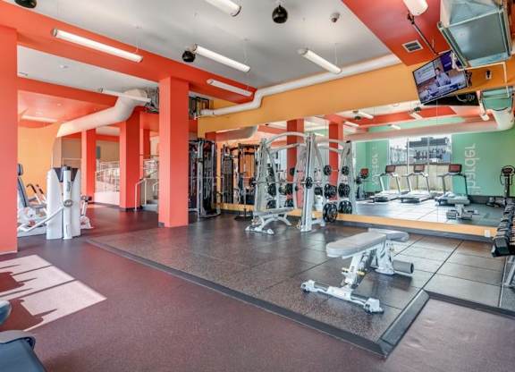 A bright gym here at Blue and Lime Apartments with red and orange walls features various fitness equipment, including a weight bench, mirror, and TV. The space feels energetic and inviting.