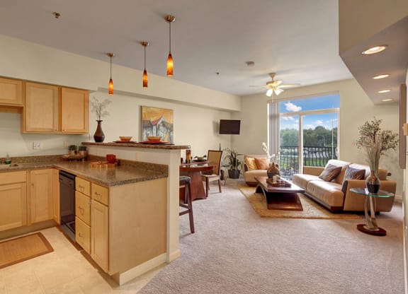 Spacious open-plan living room and kitchen here at Park Plaza 2 Apartments. Light wood cabinets, pendant lights, cozy seating, large window with greenery view, warm, inviting atmosphere.