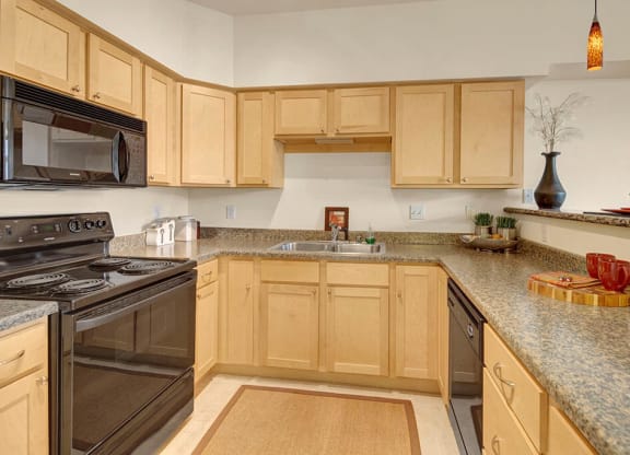 A cozy kitchen here at Park Plaza 2 Apartments features light wood cabinets, granite countertops, a black stove, and a microwave. Red mugs and a vase add warm touches to the space.