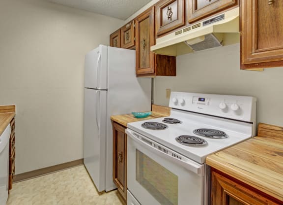 Compact kitchen here at Park Plaza Apartments with white fridge and electric stove. Wooden cabinets and countertops provide a rustic feel. Neutral walls and linoleum flooring.