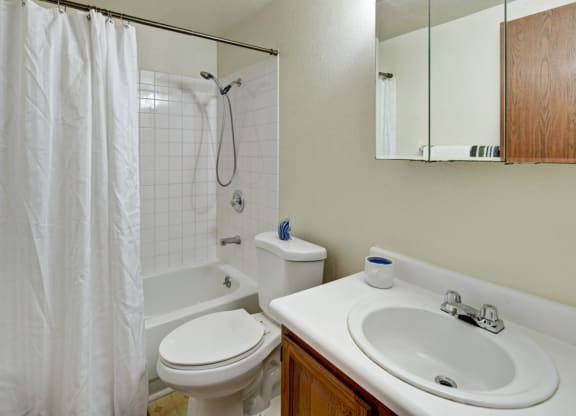 Small bathroom here at Ptarmigan Meadows with white tiled bathtub and shower, white curtain, toilet, and sink with wooden cabinet. Mirror cabinet and simple, clean decor.