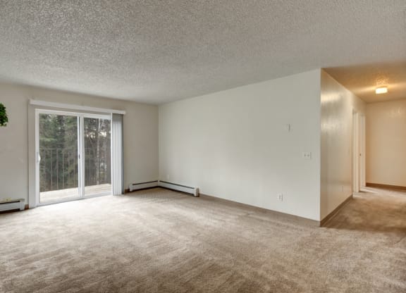 Spacious empty living room here at Quiet Creek Apartments with beige carpet and white walls. A large sliding glass door opens to a balcony with trees visible outside. A potted plant hangs near the door.
