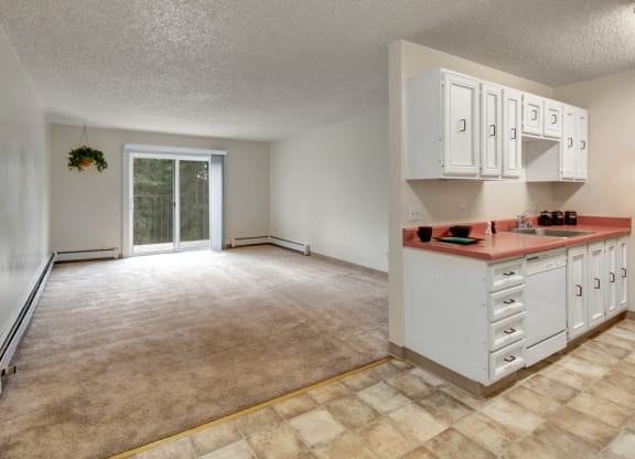 Spacious living room and kitchen area here at Quiet Creek Apartments blend seamlessly. Room is carpeted, lit by natural light from a glass door. White cabinets add brightness.