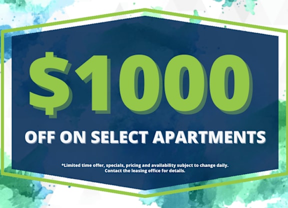 A promotional image offering $1000 off on select apartments.