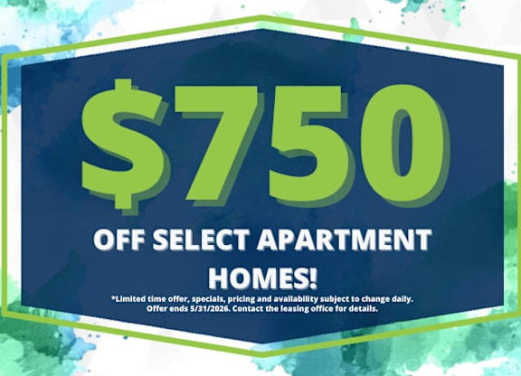 A promotional image advertising a $750 discount on select apartment homes.