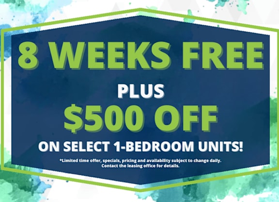An advertisement for an 8-week free period plus $500 off on select 1-bedroom units.