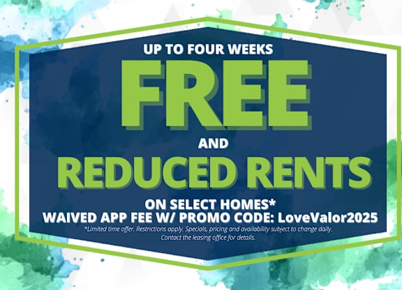 A promotional image offering free and reduced rents for up to four weeks on select homes.