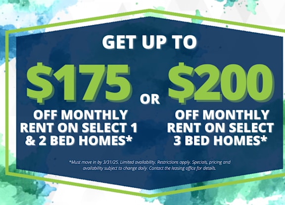 A promotional image offering up to $200 off monthly rent on select 3 bed homes.