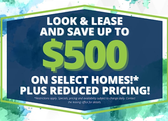 A promotional image for a leasing offer that provides up to $500 savings on select homes.