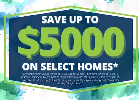 A promotional image advertising savings of up to $5000 on select homes.