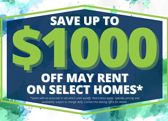 A promotional image offering up to $1000 off on rent for select homes.