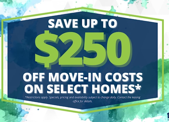 A promotional image offering up to $250 off move-in costs on select homes.