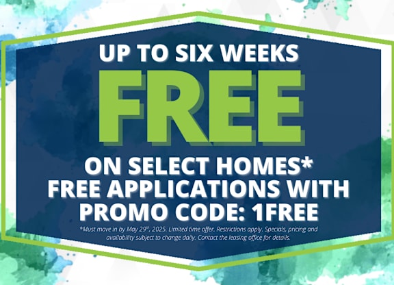 A promotional image offering up to six weeks free on select homes with a promo code.