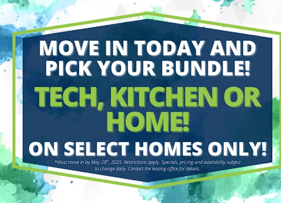 A promotional image for a tech, kitchen, or home bundle on select homes.