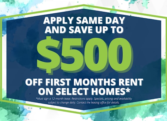 A promotional image offering up to $500 off the first month's rent on select homes.