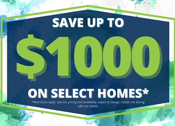 A promotional image advertising savings of up to $1000 on select homes.