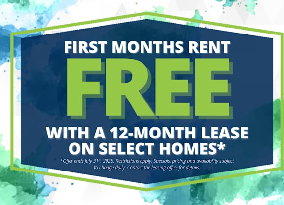 A promotional image offering free first months rent with a 12-month lease on select homes.