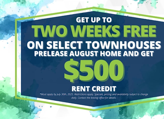 A promotional image offering up to two weeks free on select townhouses with a $500 rent credit.