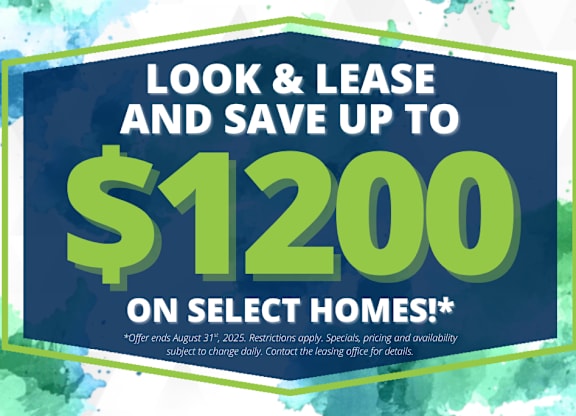 A promotional image advertising savings of up to $1200 on select homes.