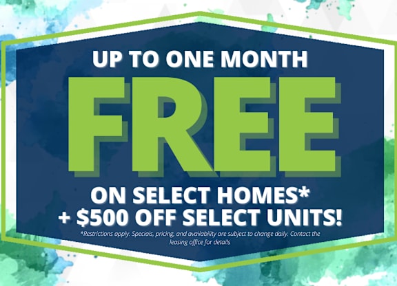 A promotional image advertising a free month on select homes and $500 off select units.
