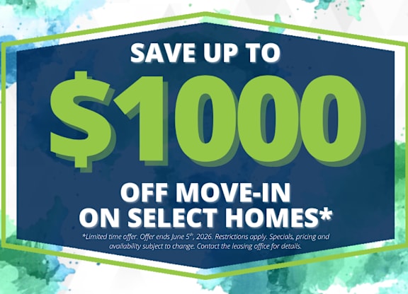 A promotional image offering up to $1000 off move-in on select homes.