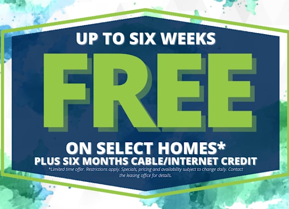 A promotional image offering up to six weeks of free cable/internet credit on select homes.