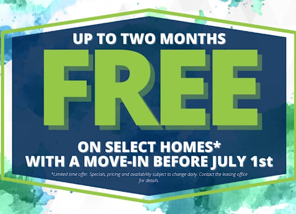 A promotional image offering up to two months free on select homes with a move-in before July 1st.