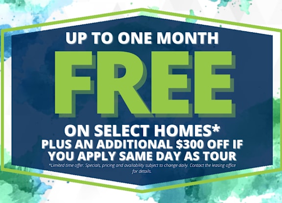 A promotional image offering up to one month free on select homes plus an additional $300 off if you apply same day as tour.