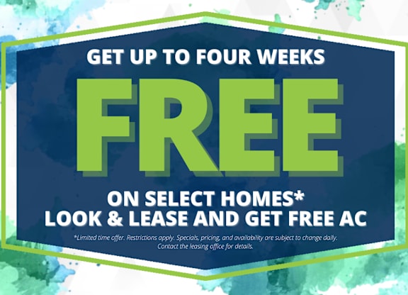A promotional image offering four weeks free on select homes for those who look and lease and get free AC.