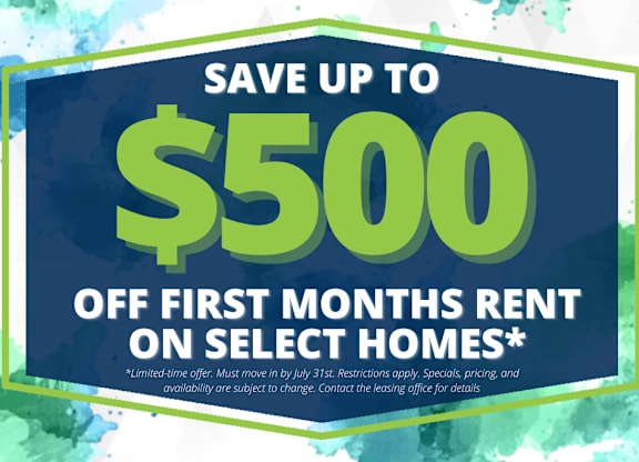 A promotional image offering up to $500 off the first month's rent on select homes.