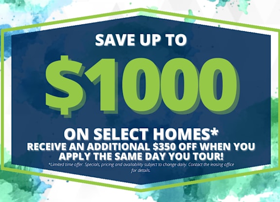 A promotional image offering savings on select homes with an additional discount for touring.