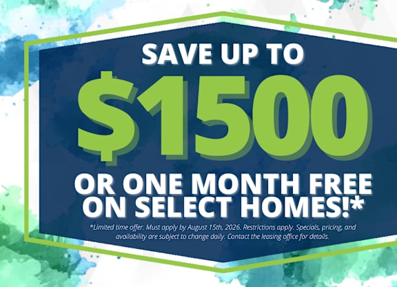 A promotional image offering savings of up to $1500 or one month free on select homes.