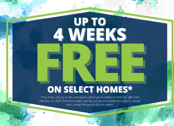 a sign that reads up to 4 weeks free on select homes