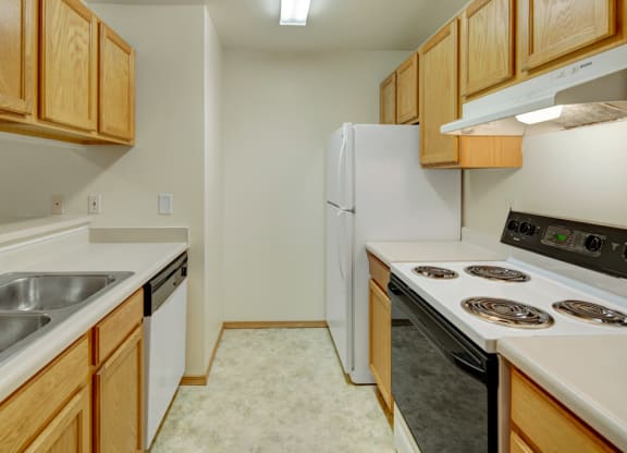 Narrow kitchen here at Strawberry Lane Apartments with wooden cabinets, white countertops, a double sink, electric stove, dishwasher, and fridge. Bright, clean, and organized space.