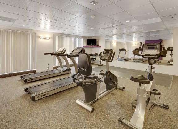 Bright gym here at Susitna Ridge Apartments with two treadmills, exercise bike, and elliptical on carpeted floor. Mirrors and windows create an open, airy feel. Dumbbells rest on a rack.
