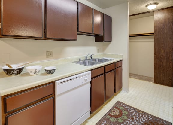 A kitchen here at Taiga Apartments with dark brown cabinets and a light countertop. Three decorative bowls and a wooden spoon sit by the sink. There's a patterned rug on the beige floor.