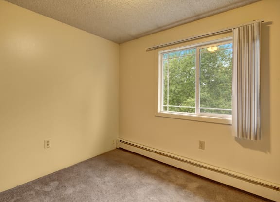 Empty bedroom here at Taiga Apartments with beige walls, carpeted floor, and a large window with vertical blinds. The window reveals lush green trees outside, conveying tranquility.