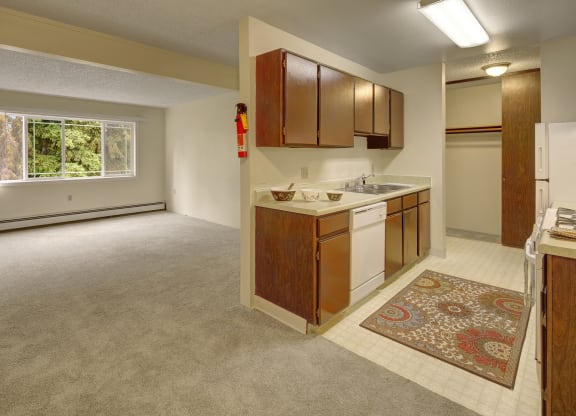 Cozy apartment interior here at Taiga Apartments with beige carpet and a bright, airy feel. Kitchen has wooden cabinets, a colorful rug, natural light from a large window.