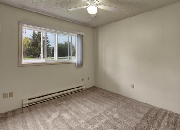 Empty bedroom here at Terrace on the Lake Apartments with beige carpet and pale walls, featuring a large window with venetian blinds. A ceiling fan hangs above, and sunlight creates gentle shadows.