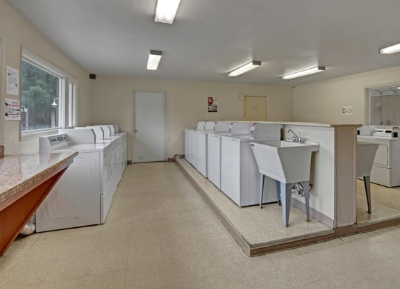 Spacious laundromat here at The Club at Eagle Pointe Apartments with rows of white washing machines and dryers, bright fluorescent lighting, and a central utility sink. Neutral, clean atmosphere.