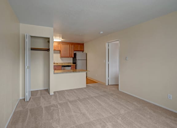 Compact apartment interior here at The Club at Eagle Pointe Apartments with beige walls and carpet. Features a small kitchen with wooden cabinets, stainless steel appliances, and a closet on the left.