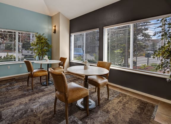 Cozy lounge here at The Highlands Luxury Apartments with two small round tables and brown leather chairs on an earth-tone rug. Large windows offer natural light and a view of greenery.