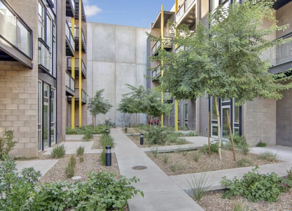 a courtyard with trees and plants in front of a building