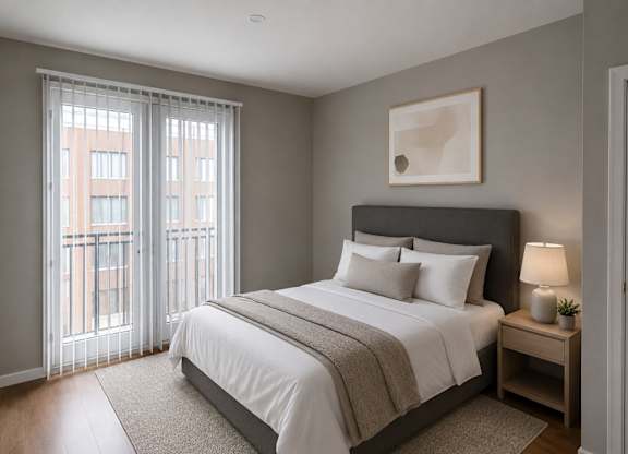 A bedroom with a large bed and a window with curtains.