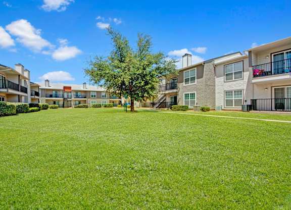 A spacious outdoor courtyard here at High Plains with a wide, manicured green lawn surrounded by apartment buildings featuring private balconies and large windows. A mature tree sits at the center of the space, creating a bright, open, and welcoming community setting under clear blue skies.