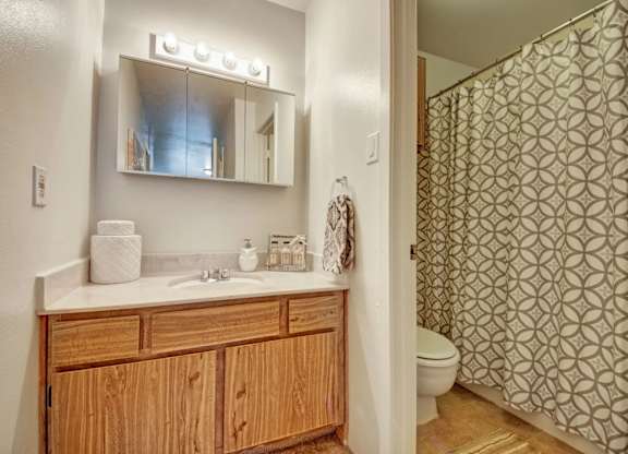 A tidy bathroom here at High Plains with a wooden vanity, light countertop, and a mirrored medicine cabinet with overhead lighting, featuring a bathtub-shower combo with a patterned curtain and a clean, functional layout.