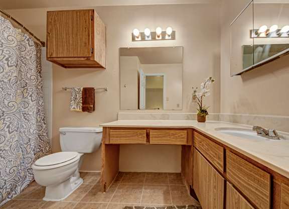 A spacious bathroom here at High Plains with a large wooden vanity, light countertops, and dual sink areas, featuring a bathtub-shower combo, ample cabinet storage, and bright lighting for a comfortable and functional space.
