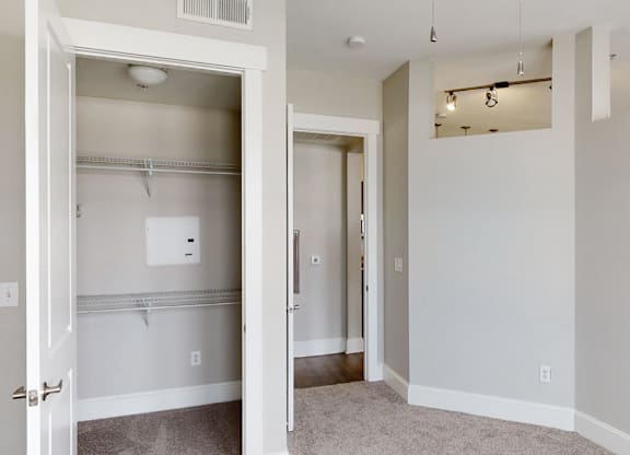 A white closet with a white door is open to a room with a carpeted floor.