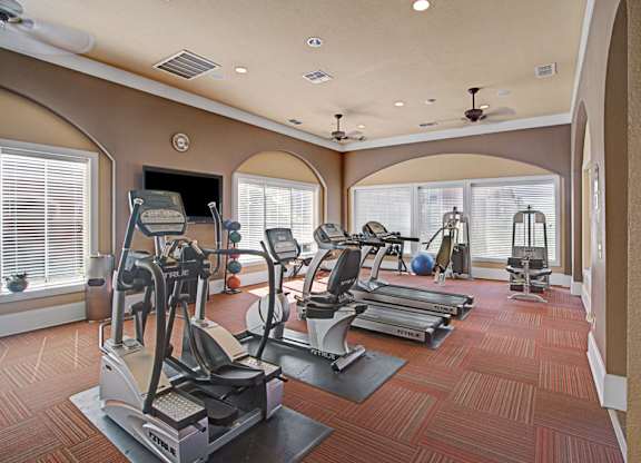 A bright community fitness center here at Palms at Briarwood featuring cardio machines, treadmills, strength training equipment, and open workout space, with large windows, high ceilings, and ample lighting creating an inviting environment for residents to maintain an active lifestyle.