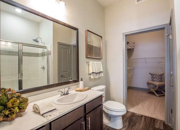 A bathroom here at Sorrel Fairview with a dark wood vanity, white countertop sink, large framed mirror, glass shower, and open walk-in closet visible, styled with neutral towels and small greenery accents.